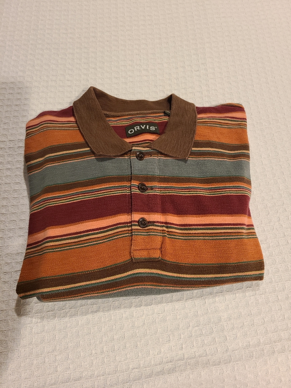 Orvis Striped Polo in Brown, Orange, Burgundy and Blue-Green